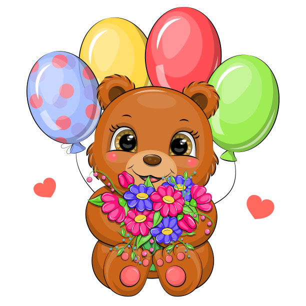 可爱的卡通棕熊，带着花和气球。图片下载