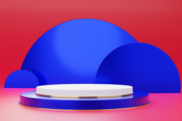 几何平台平台与金线条形平台模型产品展示或品牌在最小的粉彩墙场景工作室背景，3d渲染图片下载