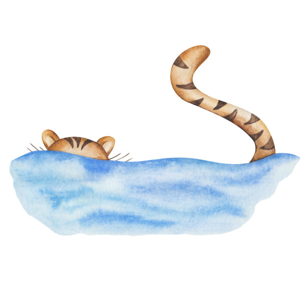 水彩插图手绘老虎胡须，故事，条纹游泳在水中，蓝色的大海。野生动物的卡通形象图片下载