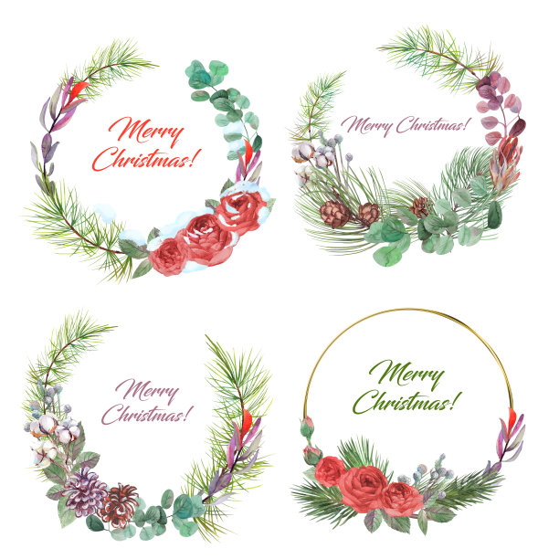 一套圆形框架为圣诞节和新年贺卡画在水彩图片下载