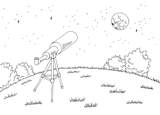望远镜上的山夜间景观图形黑白素描插图向量图片下载