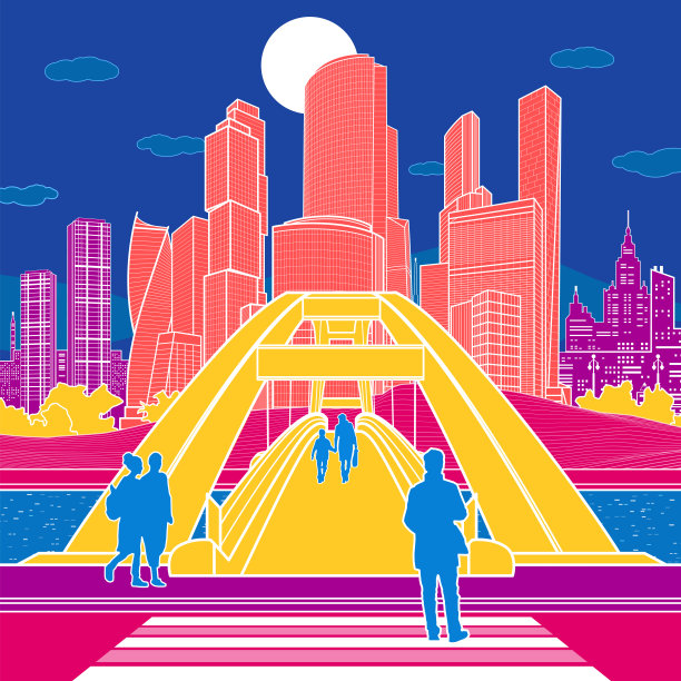 彩色明亮的城市。河上的人行天桥。背景是夜晚的现代城市。城镇基础设施说明。人们走在街上。矢量设计艺术图片下载