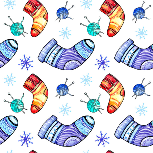 水彩无缝图案有不同的暖袜子，球用针织针，雪花图片下载