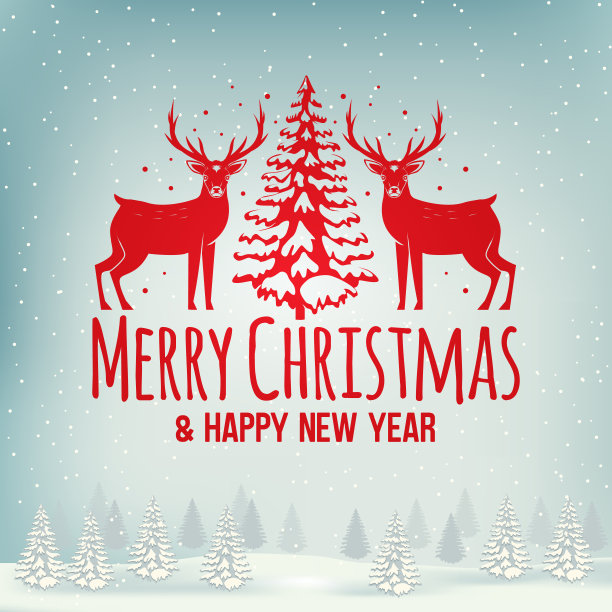 圣诞快乐和新年快乐邮票，贴纸集麋鹿，森林景观，圣诞树。矢量插图。复古的字体设计为圣诞节，新年的象征在复古风格图片下载