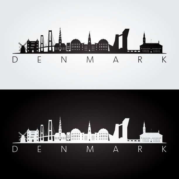丹麦天际线和地标剪影，黑白设计，矢量插图。图片下载