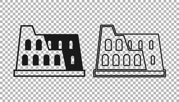 黑色竞技场在罗马，意大利图标孤立在透明的背景。罗马圆形大剧场的迹象。古罗马的象征，角斗士战斗。向量图片下载