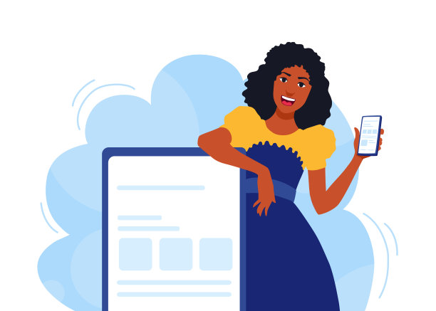 一个卖手机的女孩。为手机做广告的女售货员。具有复制空间的模板。图片下载