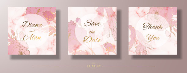 牡丹的邀请。婚礼卡片的花卉模板。广场社交媒体邀请卡。粉色大理石背景。矢量插图。图片下载