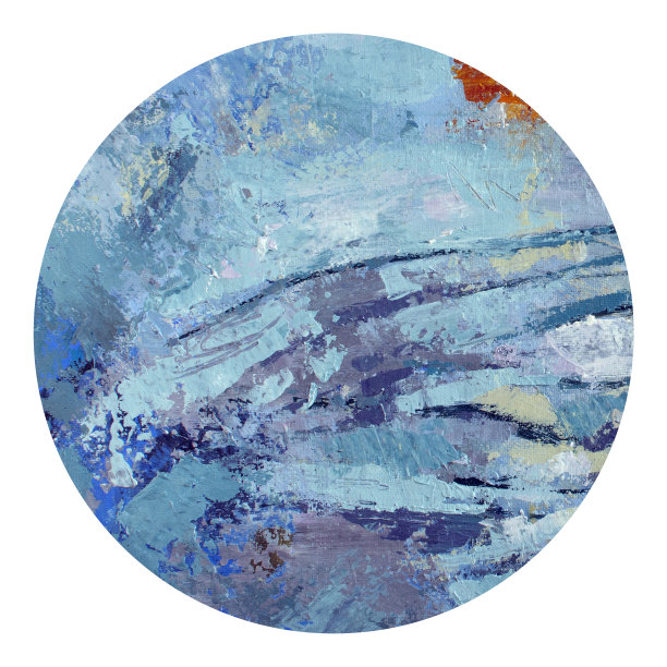 帆布上的蓝色油画。圈抽象丙烯酸橙漆。图片下载