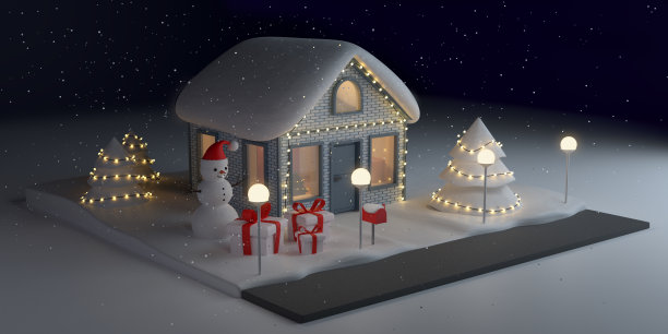 圣诞节的背景。冬天的夜晚，装饰房子，雪人，圣诞树，花环，礼物。降雪。图片下载