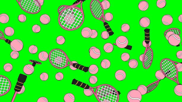 卡通风格的粉红色网球和网球拍上的绿色色度键背景。绿色,色度键,组合,图片下载