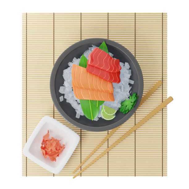 3D生鱼片金枪鱼和鲑鱼竹叶在盘子里装满了冰在竹席上图片下载