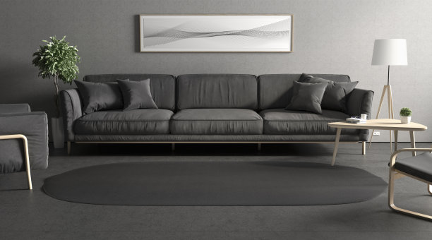 空白的黑色椭圆形室内地毯在房间模型，正面视图图片下载