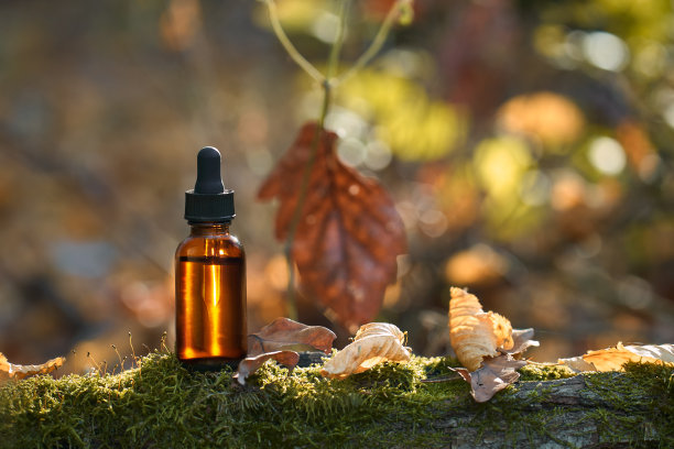 金色的精油瓶，自然的秋天背景。副本的空间。图片下载