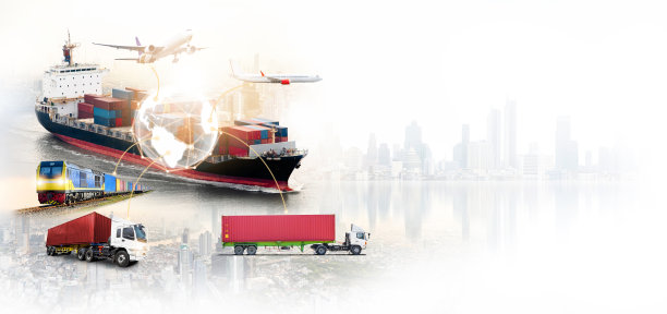 全球商务物流进出口及集装箱货船、货运火车、货运飞机、集装箱卡车在城市背景与复制空间，运输行业概念全球分布图片下载