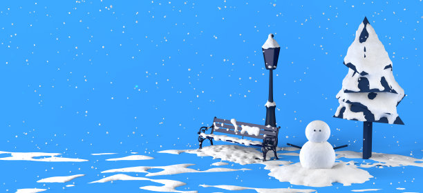 冬天的公园里，树上、长凳上都是雪，还有雪人。副本的空间。3 d演示。图片下载