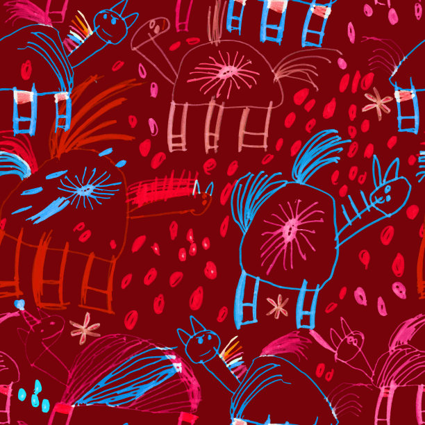 孩子们画的。天真幼稚的风格。无缝模式与幻想马。图片下载