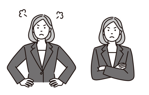 一个愤怒的女商人的黑白插图，一组两种姿势图片下载