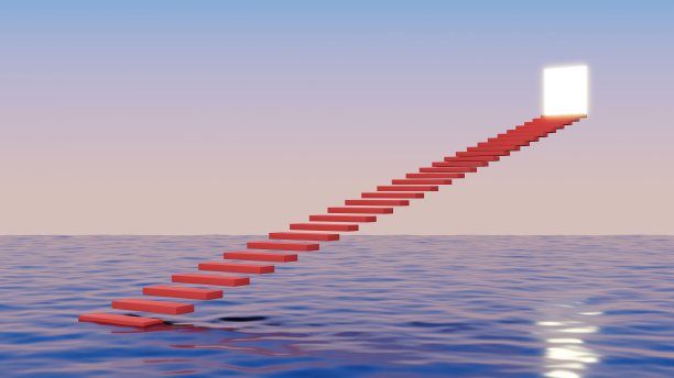红色的楼梯漂浮在海面上。走向天堂之门。抽象极简的超现实背景。3 d渲染插图。图片下载