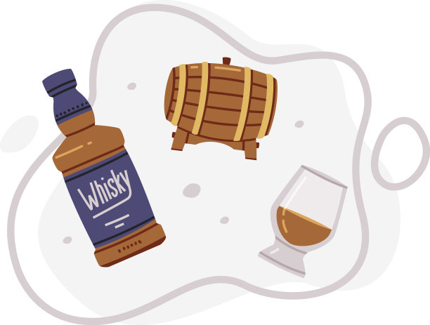 威士忌饮料在玻璃瓶和木桶图片下载