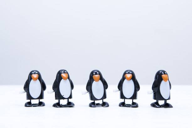 五个上发条的企鹅玩具排成一排，上面有复制空间图片下载