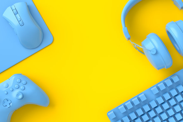 俯视图玩家的工作空间和齿轮，如鼠标，键盘，操纵杆，耳机图片下载