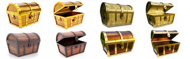 黄金和木制的宝箱套装。古色古香的箱子，由木头和金属制成，涂上金色。古董挂锁锁着宝箱。在白色背景上。三维渲染图片下载