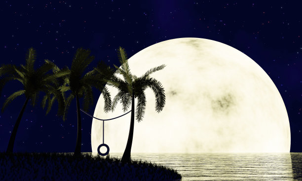 金色的满月倒映在海面上。一股海浪从海洋涌向小岛。天空中有许多星星。夜晚海面上的涟漪。三维渲染图片下载