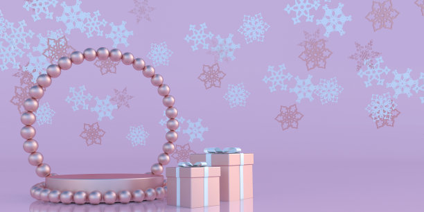 假日模型横幅。玫瑰金礼盒与蝴蝶结丝带，抽象飞舞的雪花与讲台展示站在柔和的背景。3d插图简约风格。图片下载