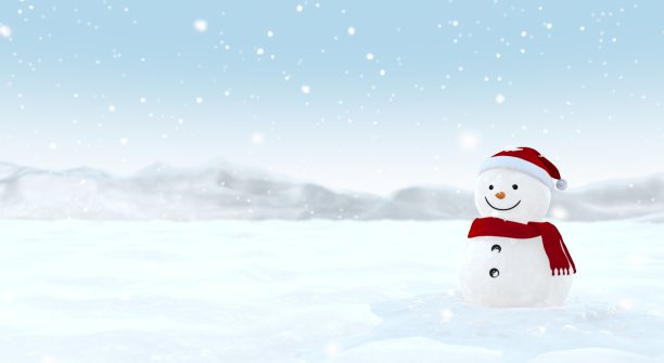 快乐可爱的雪人戴着帽子，围着红围巾站在雪花上。图片下载