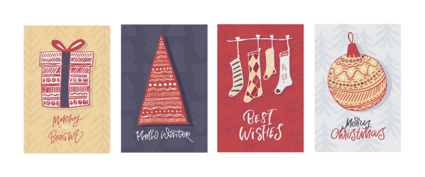 大型集!圣诞佳节民间艺术卡片收藏快乐。圣诞快乐，恭贺新禧!模板集斯堪的纳维亚风格的圣诞树，驯鹿和传统的几何形状。图片下载