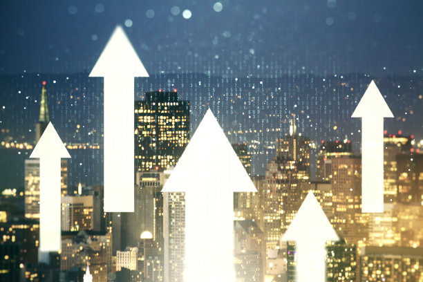 虚拟向上箭头插图在旧金山天际线的背景。突破和进步的理念。Multiexposure图片下载