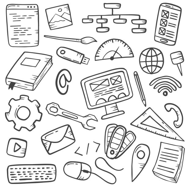 网站设计概念涂鸦手绘集与轮廓黑色和白色风格图片下载