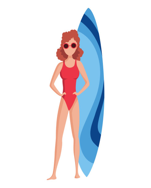 女人。有趣的女性角色。年轻的女士站在冲浪板附近。夏季平面卡通插图图片下载