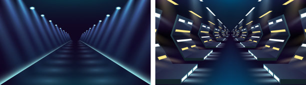 发光的霓虹灯线，隧道，抽象的技术背景，虚拟现实走廊图片下载