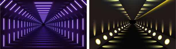 照明大厅隧道背景。昏暗的房间走廊上有明亮的霓虹灯图片下载