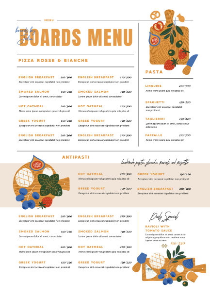 熟食板菜单设计模板。各式各样的开胃菜。垂直的咖啡馆菜单模板。图片下载