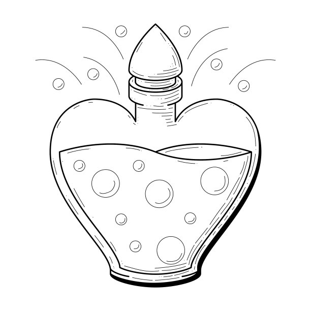 黑色简单线玻璃瓶心与泡沫涂鸦轮廓爱情药水饮料酏剂液体元素矢量设计风格素描孤立插图魔法巫术图片下载