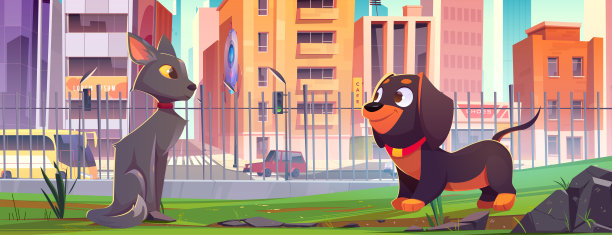 宠物在城市公园散步。可爱的猫和狗在草坪上图片下载