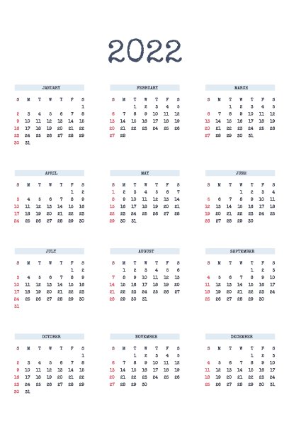 2022年日历模板采用经典的严格风格，用打字字体书写。每月日历，个人时间表，极简限制设计的商务笔记本。星期从星期日开始图片下载