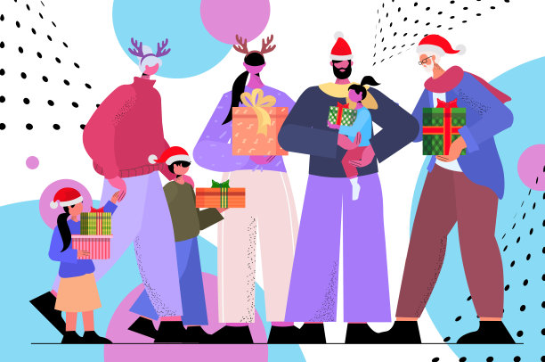 多代家庭戴着节日帽，拿着包装好的礼物，欢度新年和圣诞佳节图片下载