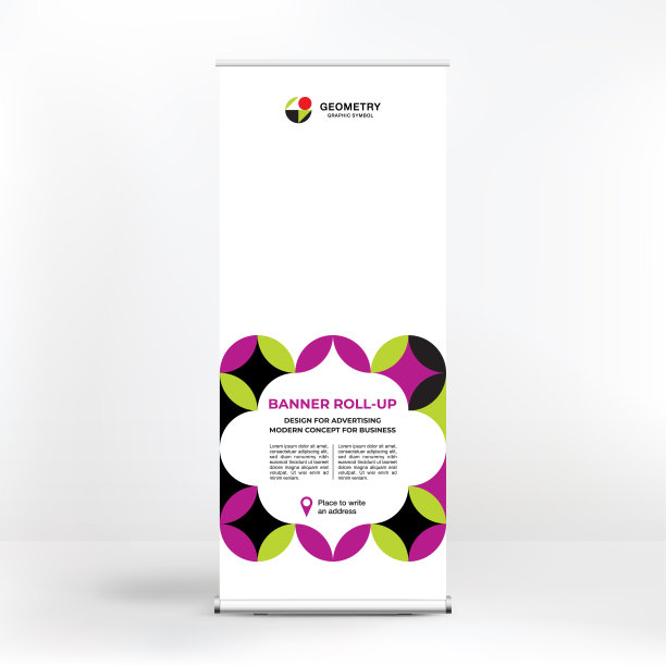 横幅设计，为广告，会议，研讨会，放置照片和文本的海报模板卷起来的站。展示创意背景图片下载