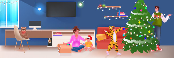 家庭装饰圣诞树圣诞快乐新年节日庆祝概念客厅内部图片下载