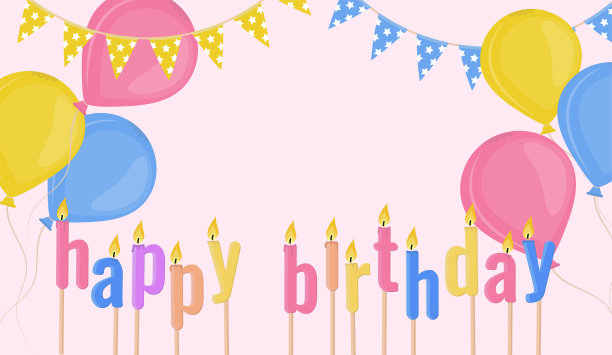 信件、气球和彩旗形状的生日快乐蜡烛图片下载