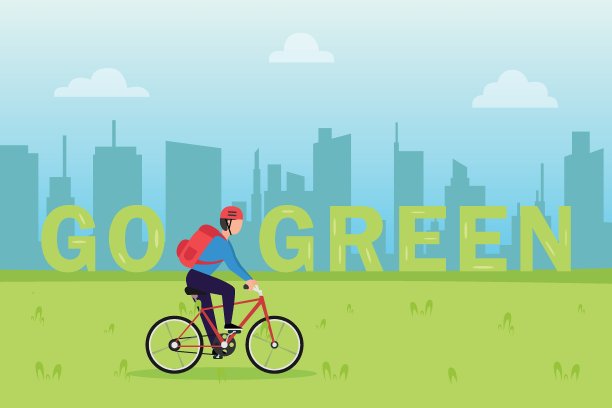 年轻人骑着自行车走绿色文字图片下载