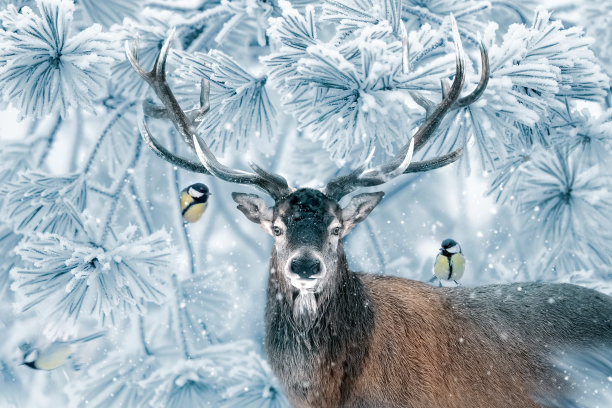 冬天漂亮的明信片。马鹿和小山雀在童话般的白雪森林里。圣诞节的形象。冬季仙境。图片下载