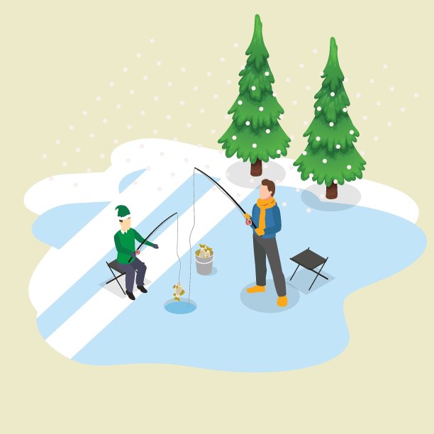 在冰冻的湖上钓鱼三维等距图片下载