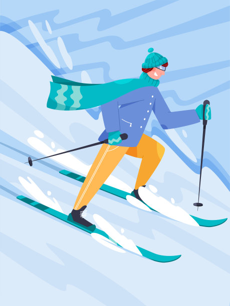 快乐的男人在温暖的衣服滑雪矢量平面插图。骑下坡的年轻运动员。图片下载