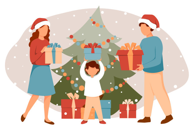 一家人用冷杉树交换礼物。圣诞节冬季矢量插图在平的风格。图片下载