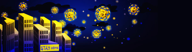 停止COVID-19 !彩色背景上卡通风格的冠状病毒大城市。有创意的海报或传单。图片下载